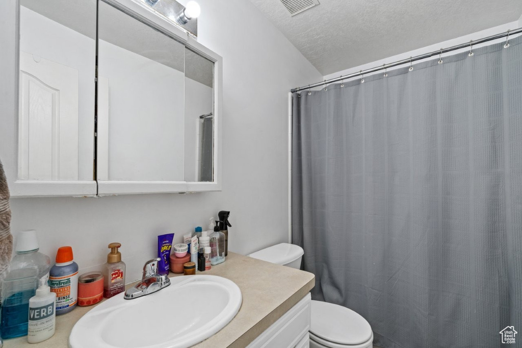 Full bathroom with vanity, a textured ceiling, and a shower with curtain