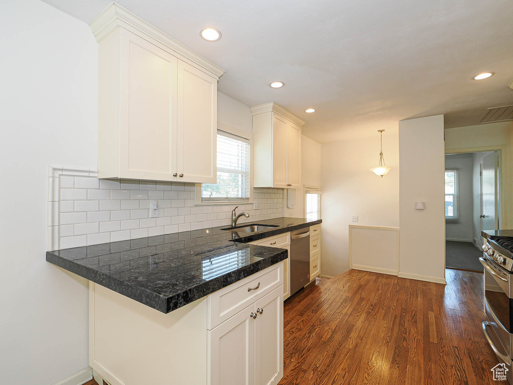 Kitchen featuring appliances with stainless steel finishes, white cabinets, tasteful backsplash, dark wood finished floors, and recessed lighting