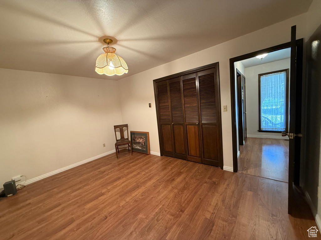 Unfurnished bedroom featuring wood finished floors and a closet