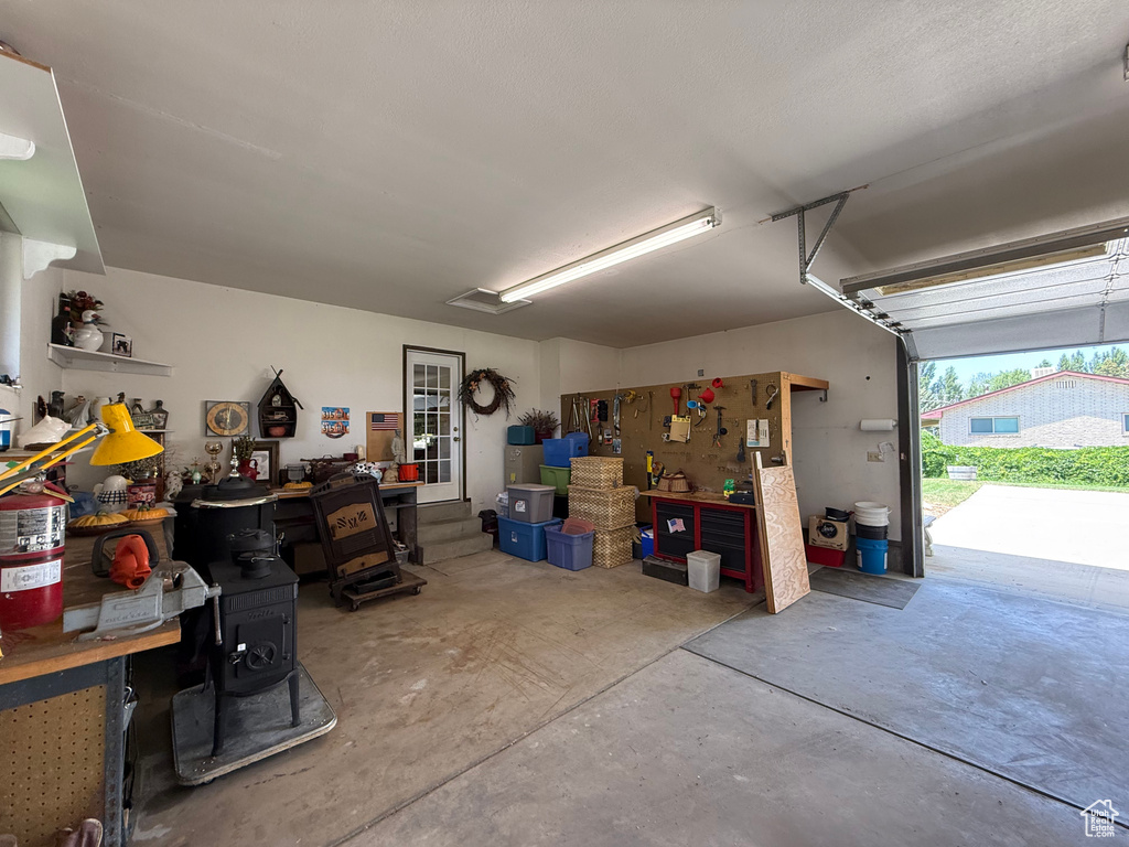 Garage featuring a workshop area