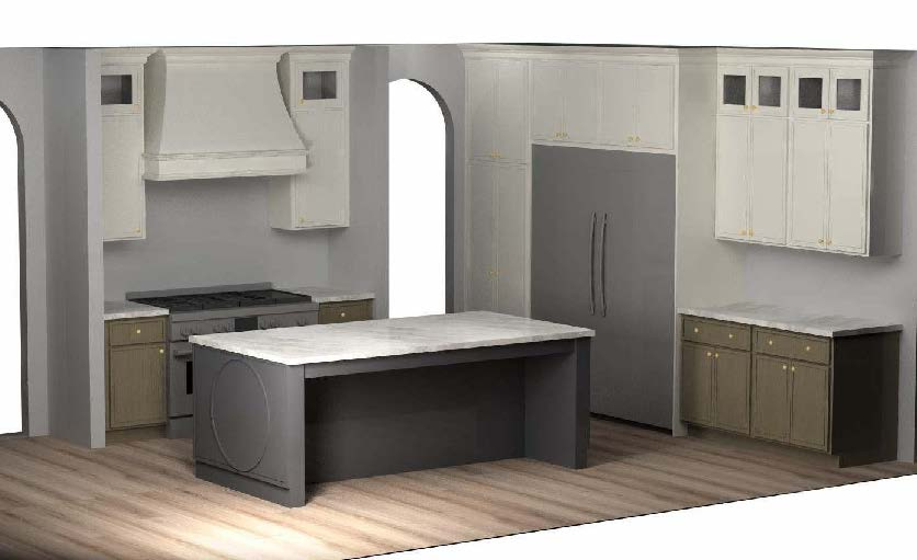 Kitchen with premium range hood, light wood-style flooring, and arched walkways
