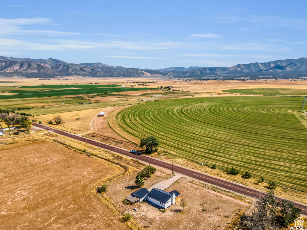Overview of rural landscape featuring mountains