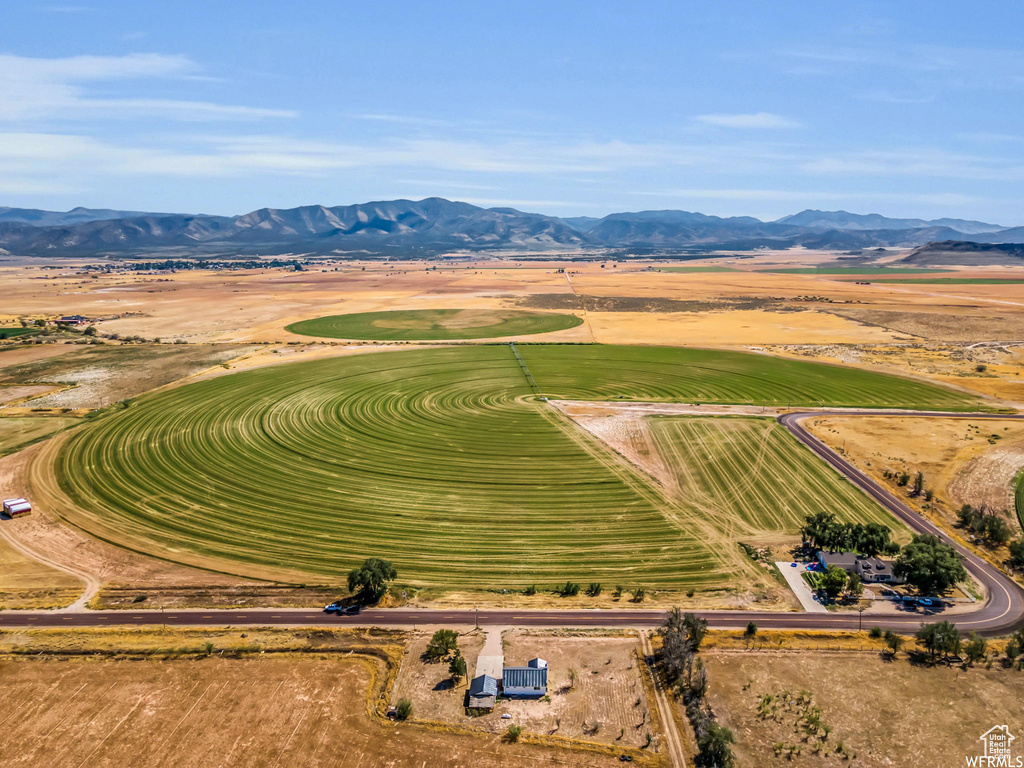 Overview of rural landscape featuring mountains