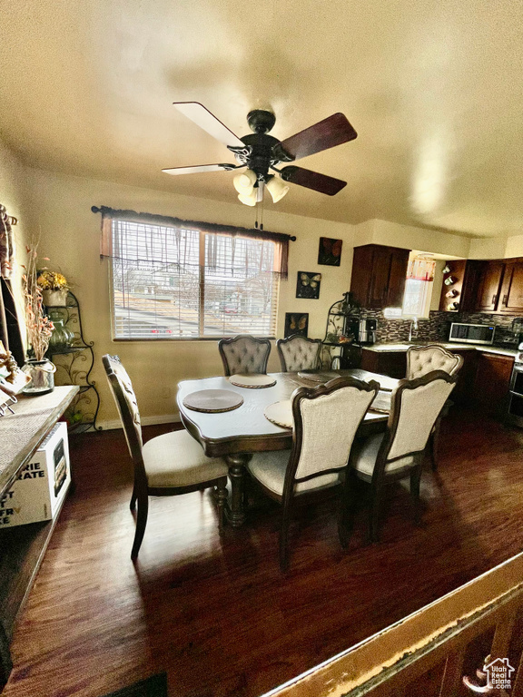 Dining area featuring a ceiling fan and wood finished floors