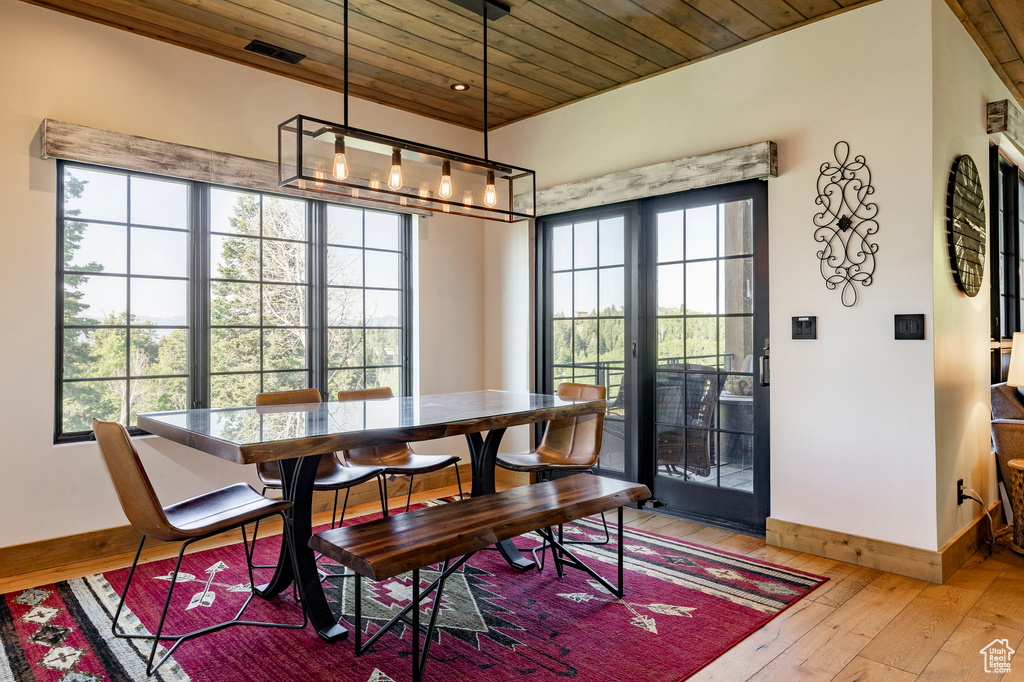 Dining area with wood ceiling, hardwood / wood-style flooring, and a chandelier