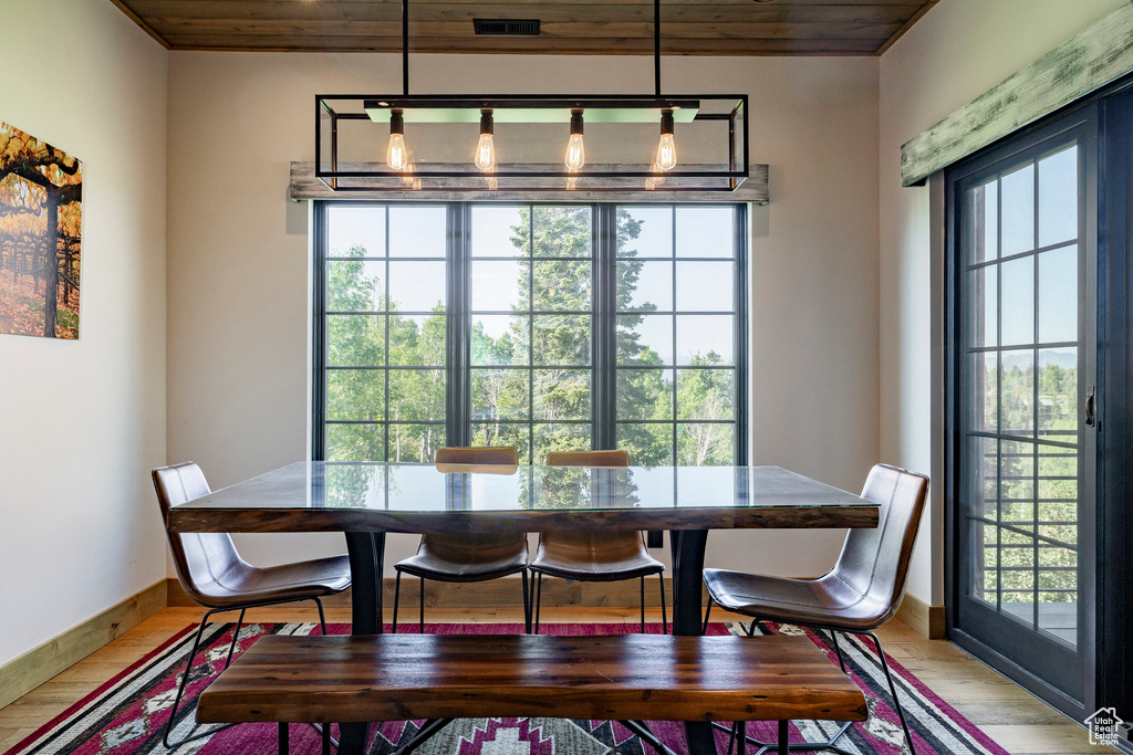 Dining area featuring wooden ceiling, plenty of natural light, and light wood-type flooring