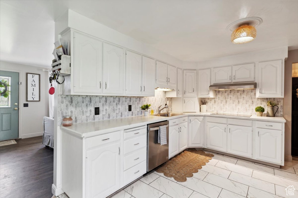 Kitchen with dishwasher, black electric stovetop, white cabinets, and under cabinet range hood