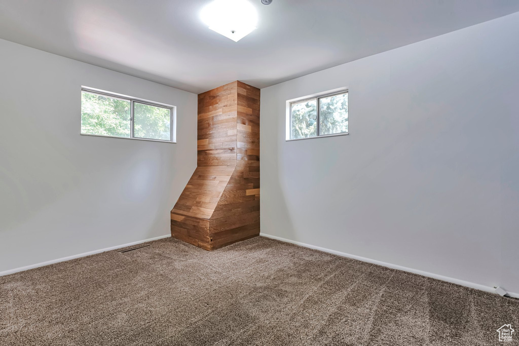 Unfurnished room with carpet flooring and wooden walls