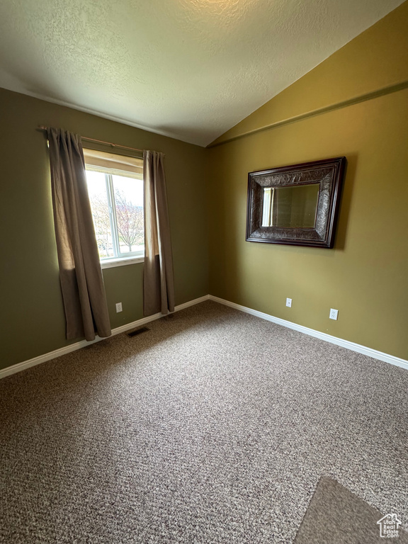 Carpeted spare room with vaulted ceiling and a textured ceiling