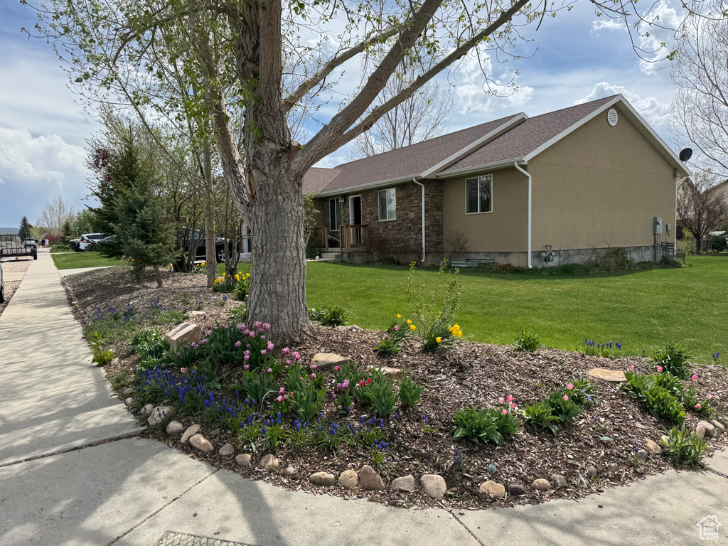 View of home's exterior with stucco siding, a yard, and a shingled roof