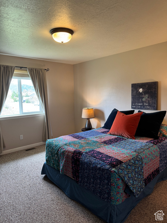 Carpeted bedroom featuring a textured ceiling and baseboards