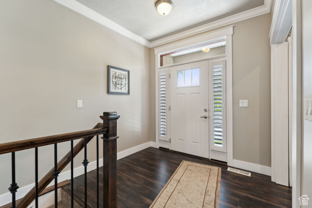 Foyer with crown molding, baseboards, and dark wood-style floors