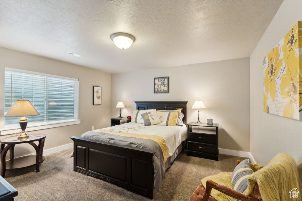 Carpeted bedroom with baseboards and a textured ceiling