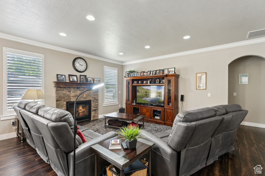 Living area featuring arched walkways, baseboards, dark wood finished floors, plenty of natural light, and recessed lighting