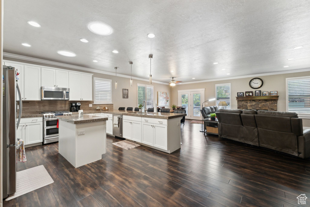 Kitchen featuring stainless steel appliances, open floor plan, a peninsula, healthy amount of natural light, and crown molding