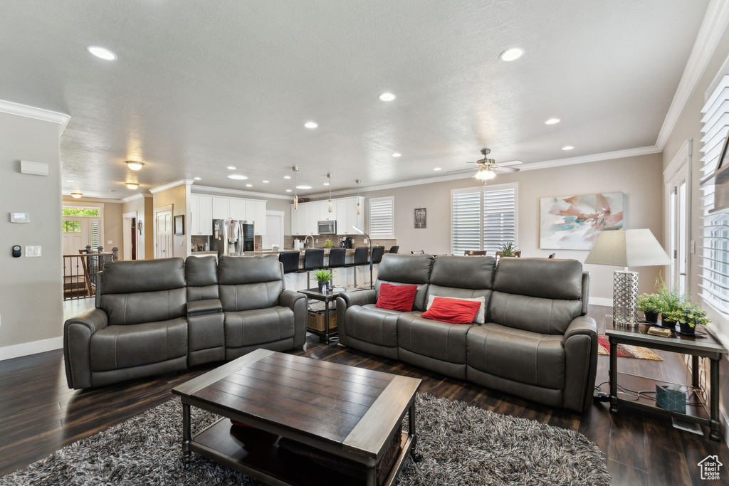 Living room featuring a ceiling fan, dark wood finished floors, recessed lighting, baseboards, and healthy amount of natural light