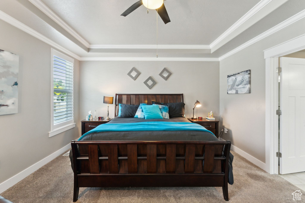 Carpeted bedroom featuring a raised ceiling, crown molding, baseboards, and a ceiling fan