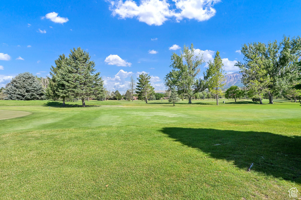 View of green lawn featuring view of golf course