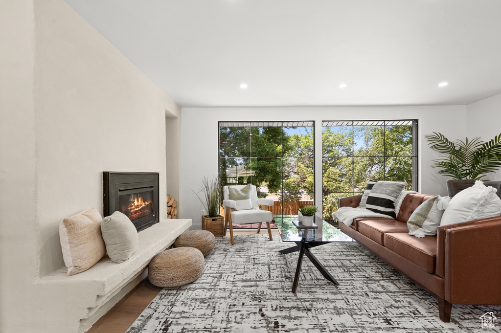 Living room featuring recessed lighting, a glass covered fireplace, and wood finished floors