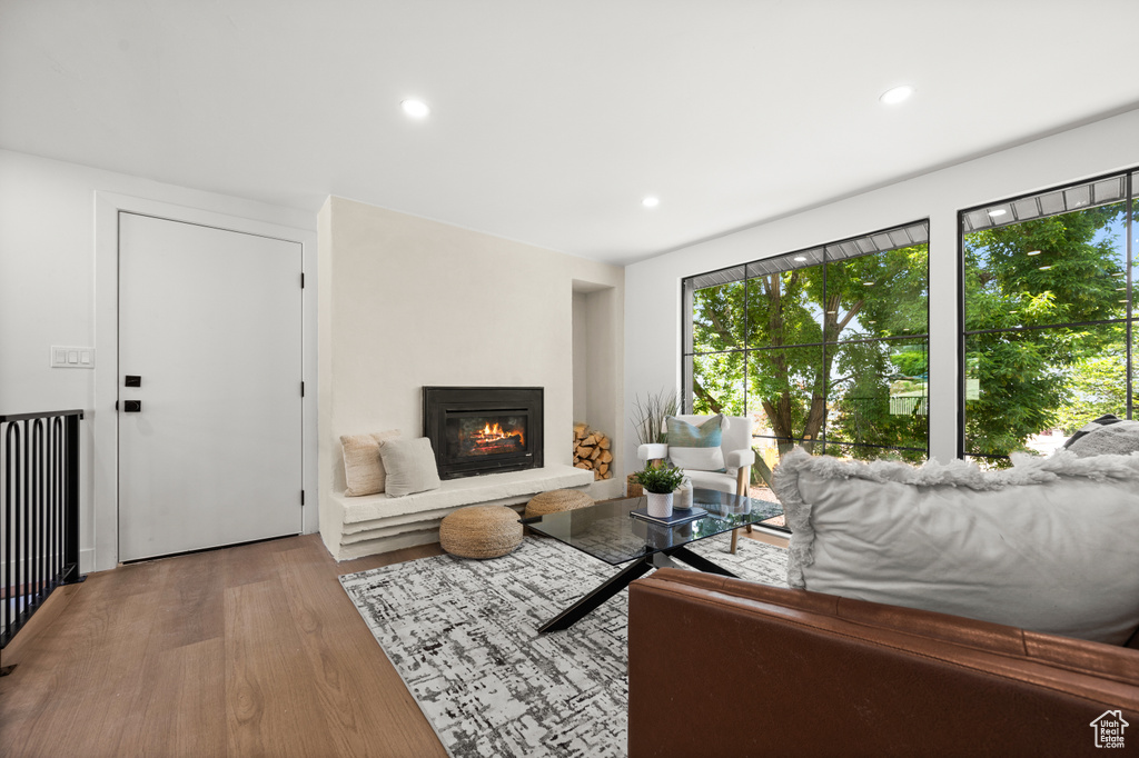 Living area featuring wood finished floors, a glass covered fireplace, and recessed lighting