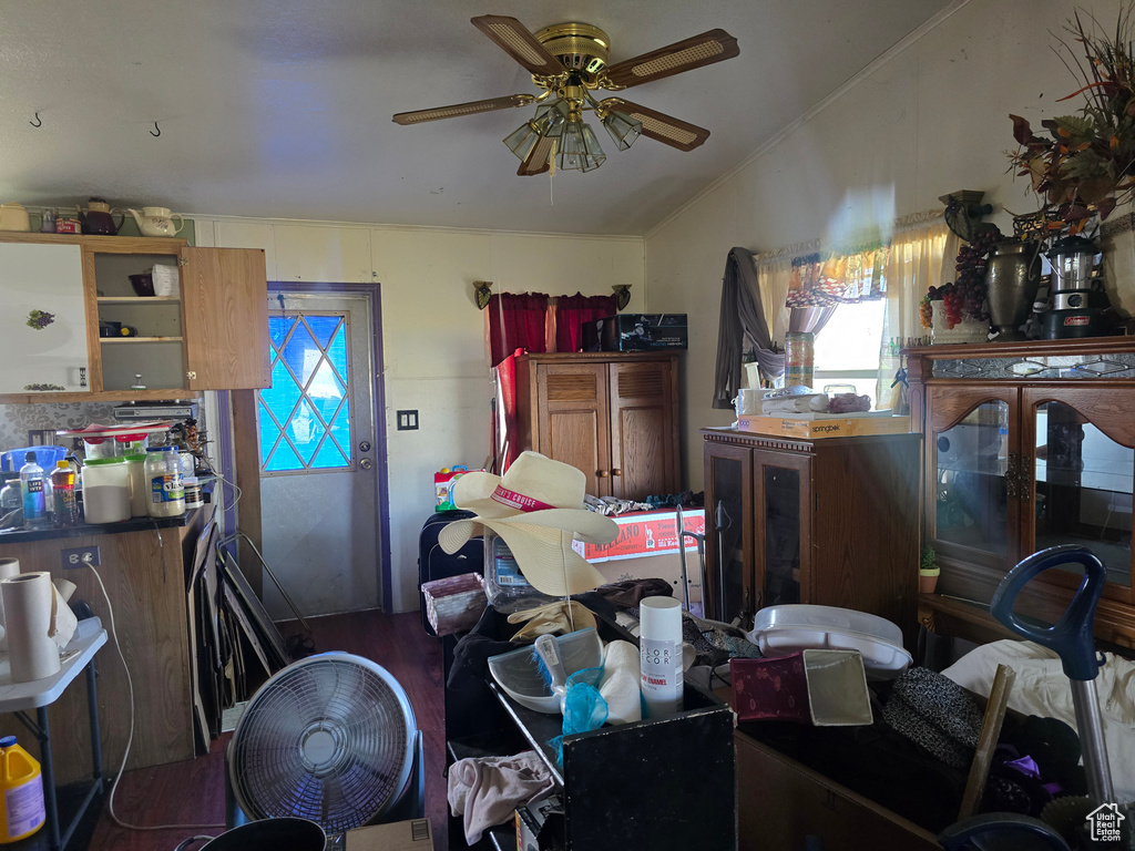 Kitchen with ceiling fan, lofted ceiling, wood finished floors, and open shelves
