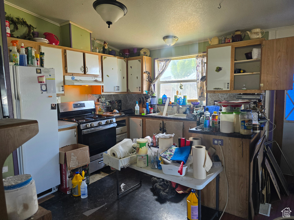 Kitchen with gas stove, freestanding refrigerator, under cabinet range hood, open shelves, and backsplash