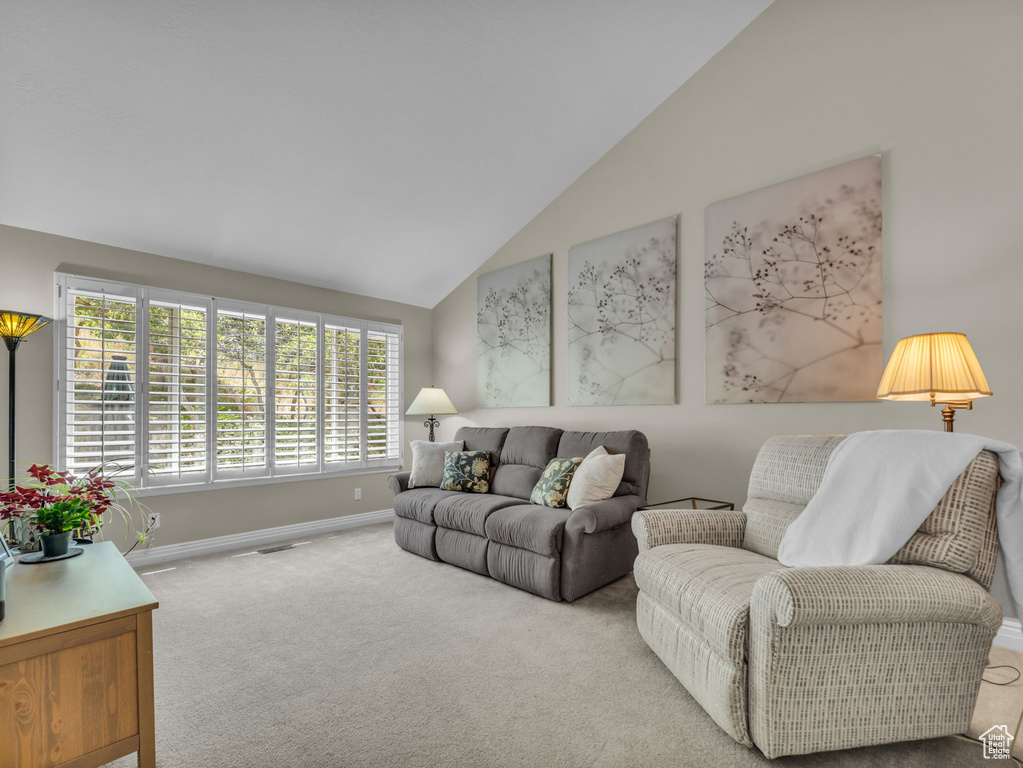 Carpeted living room featuring baseboards and high vaulted ceiling