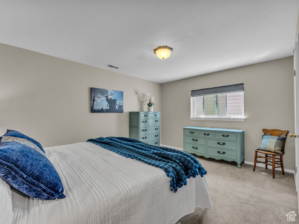 Bedroom with light carpet and baseboards