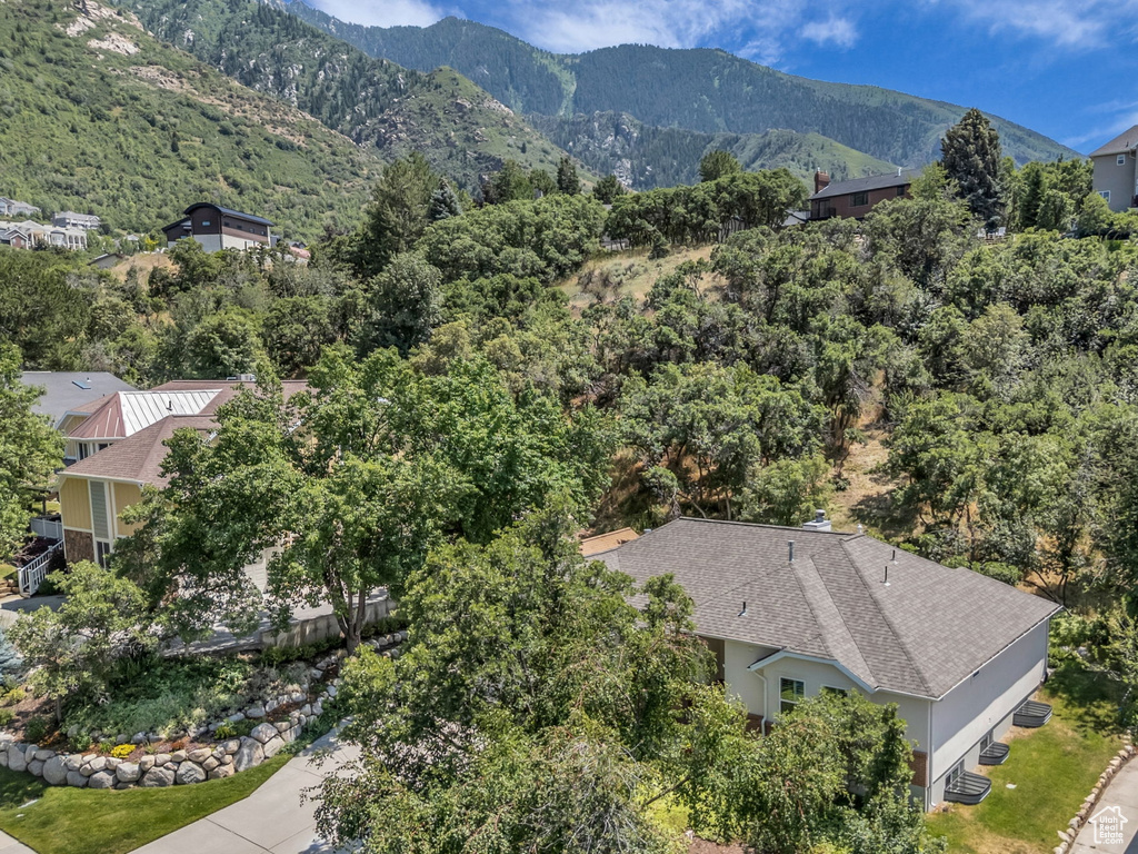 Aerial perspective of suburban area featuring a mountainous background