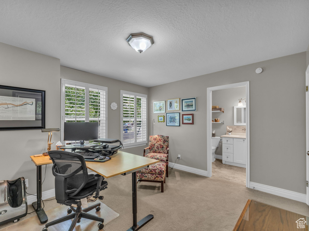 Home office featuring light carpet and a textured ceiling