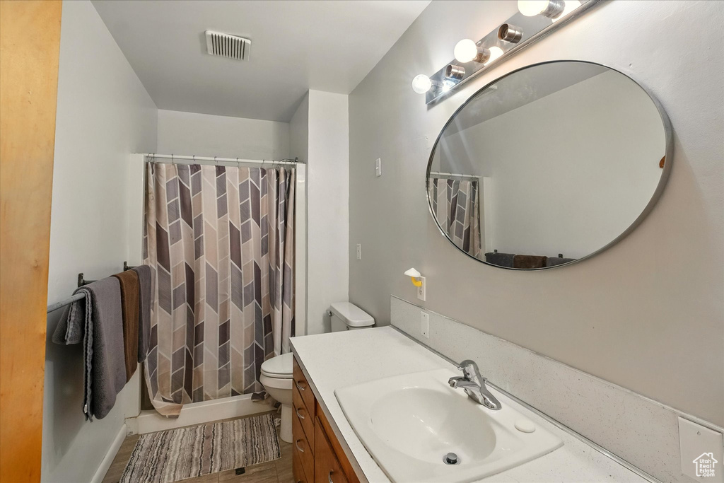 Bathroom featuring vanity, wood finished floors, and a shower with curtain