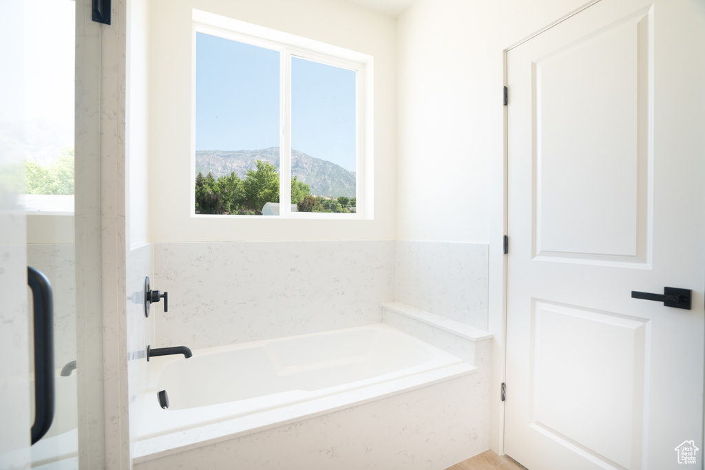 Full bathroom with a bath and a mountain view
