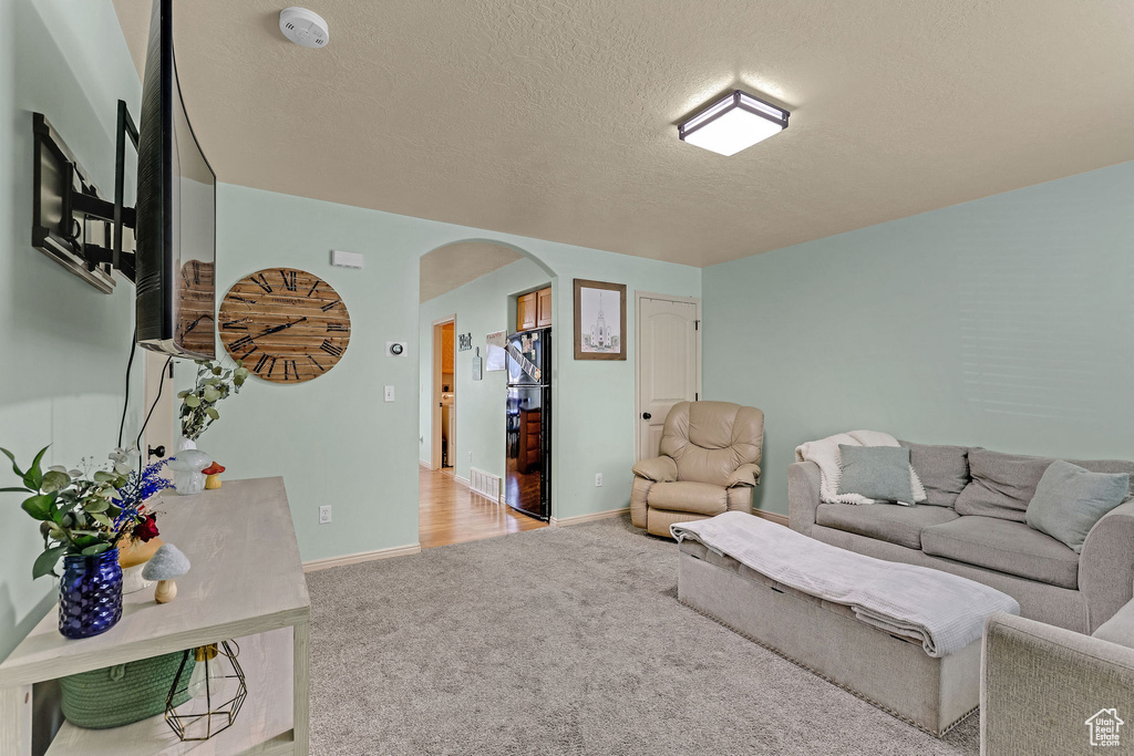 Living area with arched walkways, a textured ceiling, and carpet