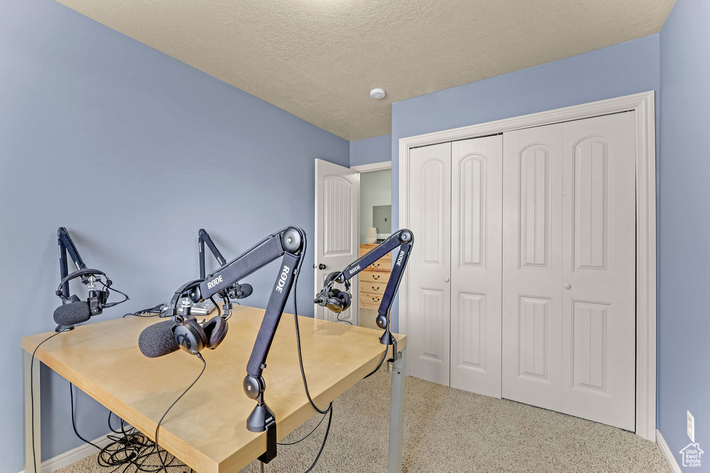 Office area with a textured ceiling and carpet