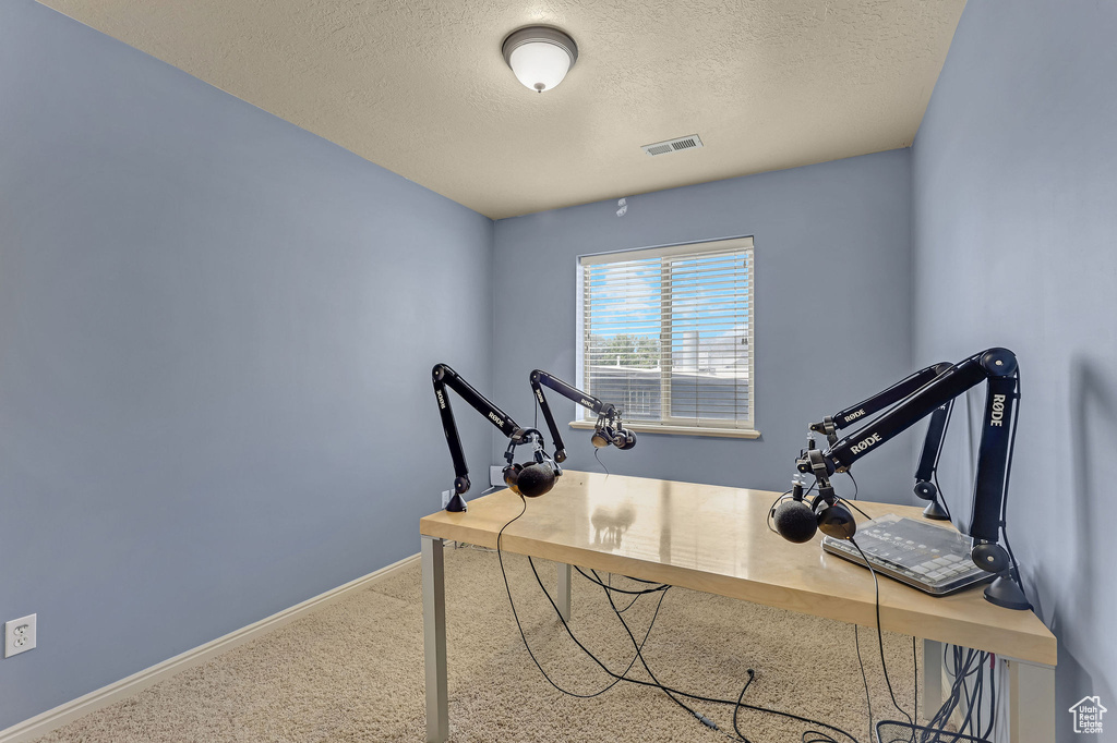 Carpeted home office with baseboards and a textured ceiling