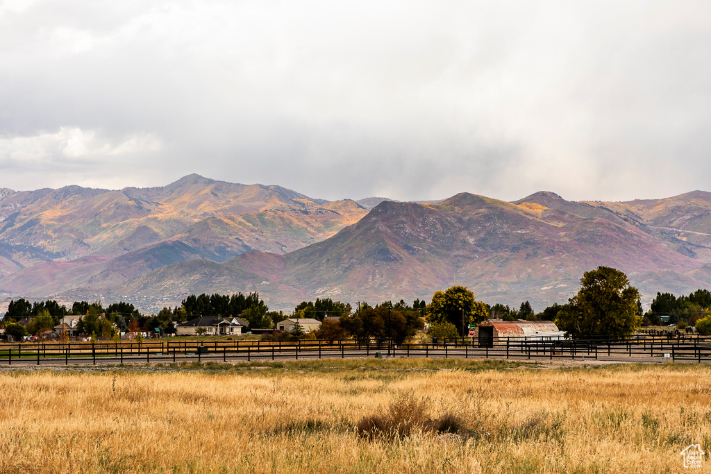 View of mountain backdrop with rural landscape