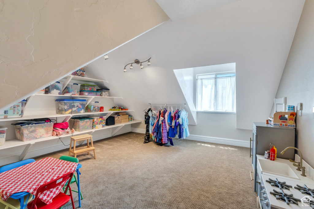 Playroom featuring a sink and carpet flooring