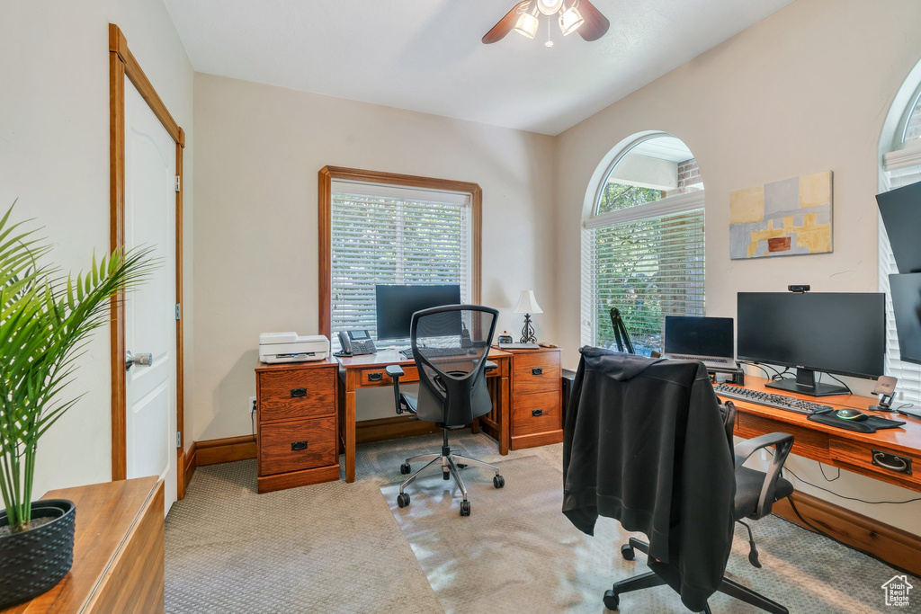 Office with light colored carpet and ceiling fan