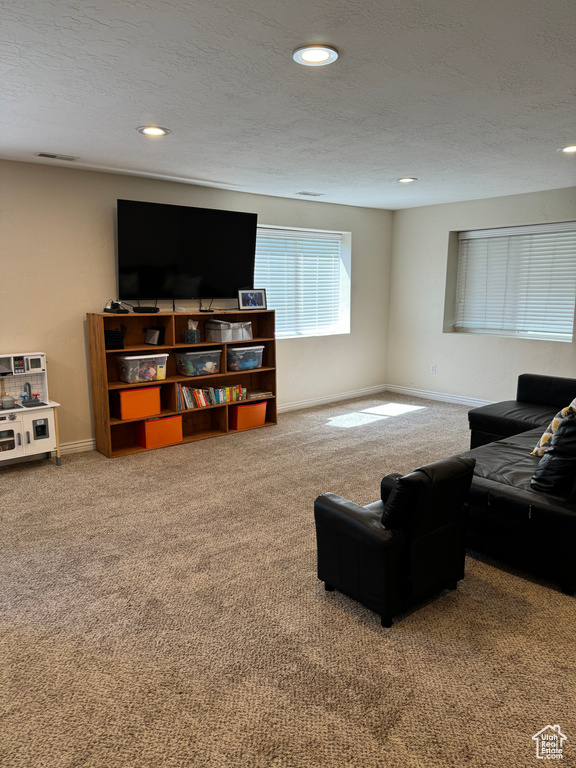Carpeted living room with a textured ceiling and recessed lighting