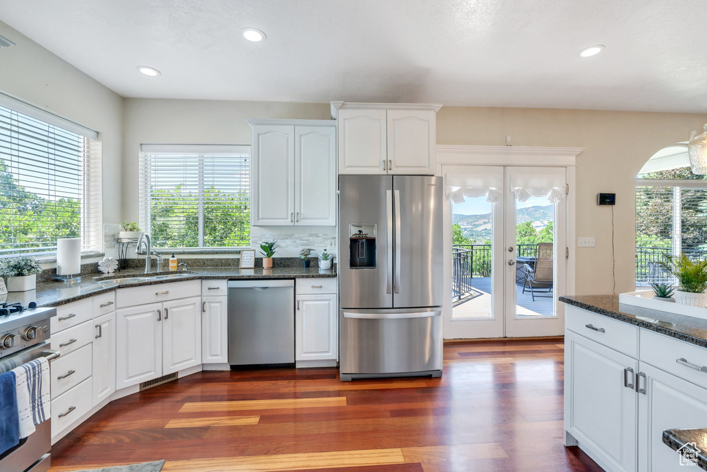 Kitchen featuring appliances with stainless steel finishes, healthy amount of natural light, french doors, dark wood-style floors, and recessed lighting