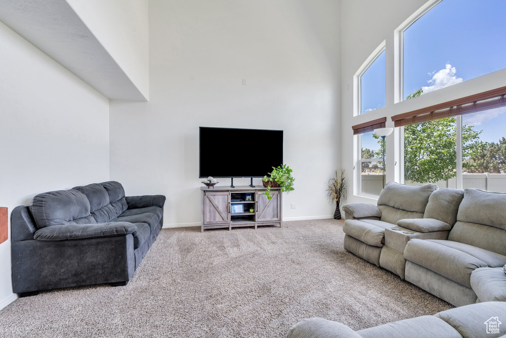 Living area with a towering ceiling and carpet