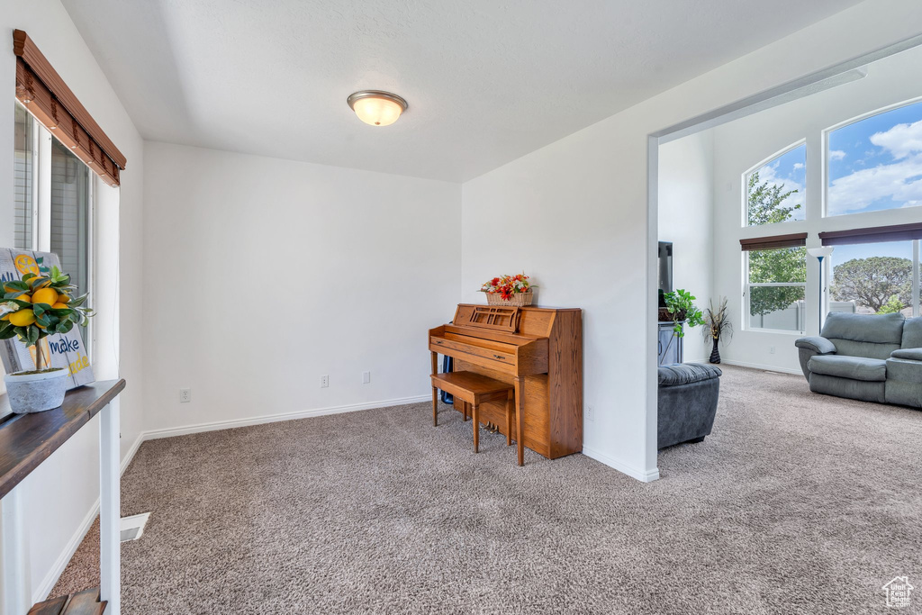 Sitting room featuring carpet flooring and baseboards