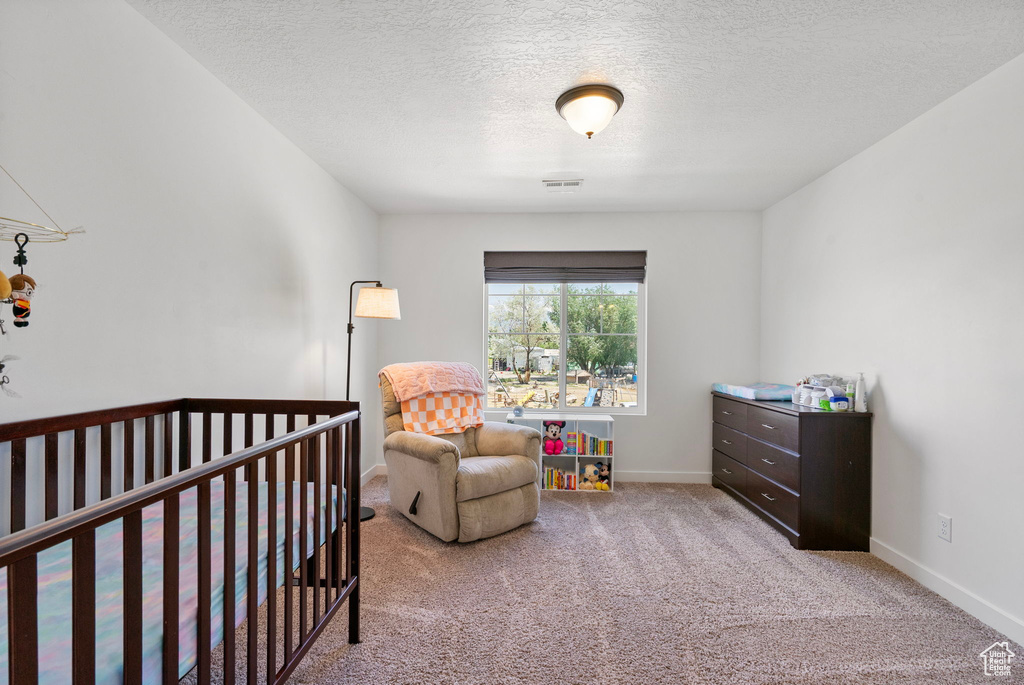 Carpeted bedroom featuring a crib and a textured ceiling