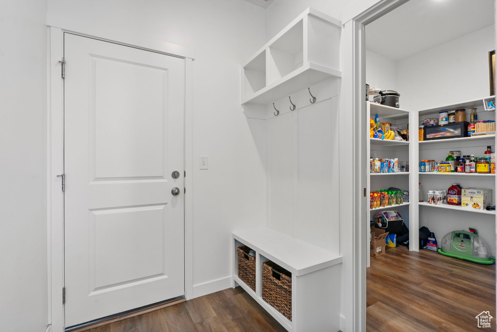 Mudroom featuring dark wood-style floors