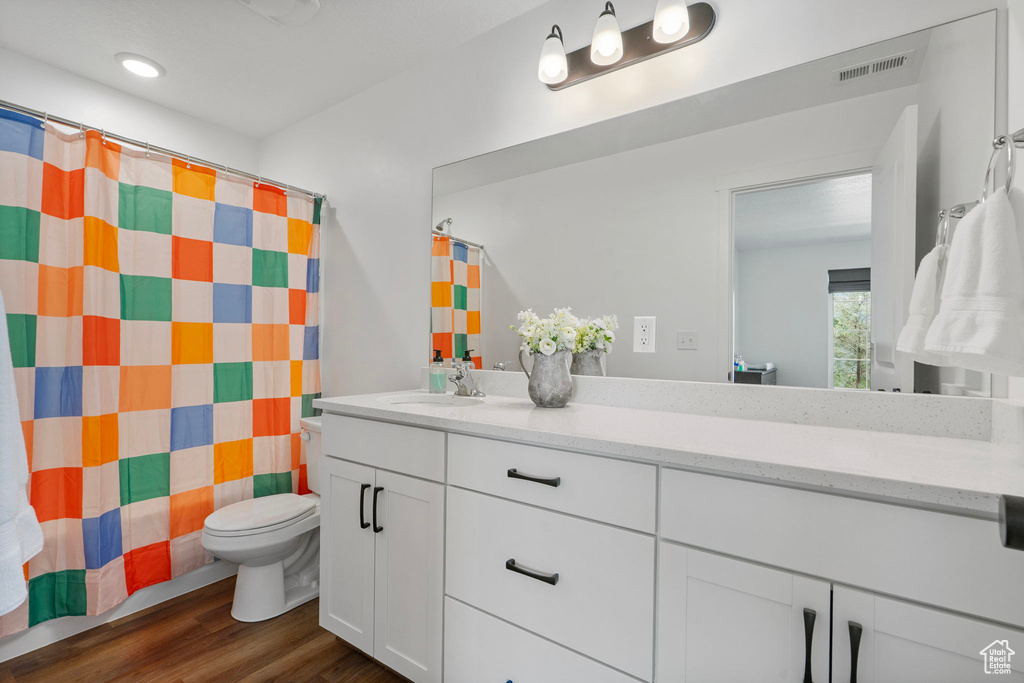 Bathroom featuring vanity, wood finished floors, and a shower with shower curtain