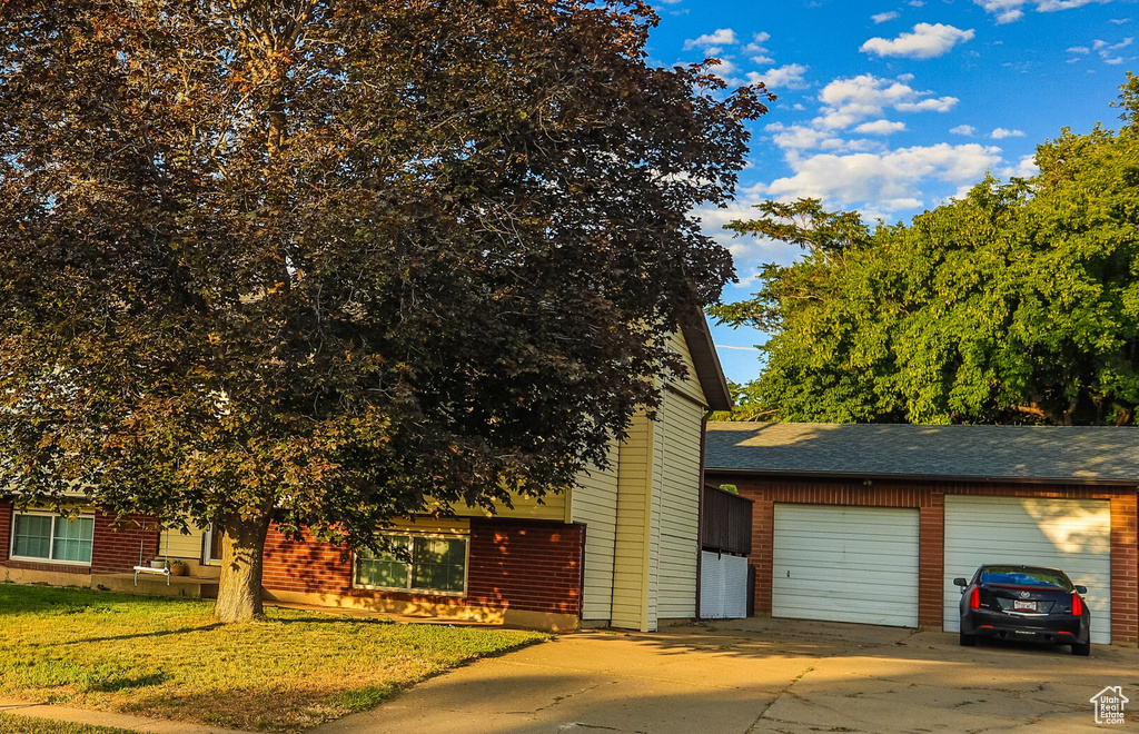 View of front of house with concrete driveway, a front yard, and a shingled roof