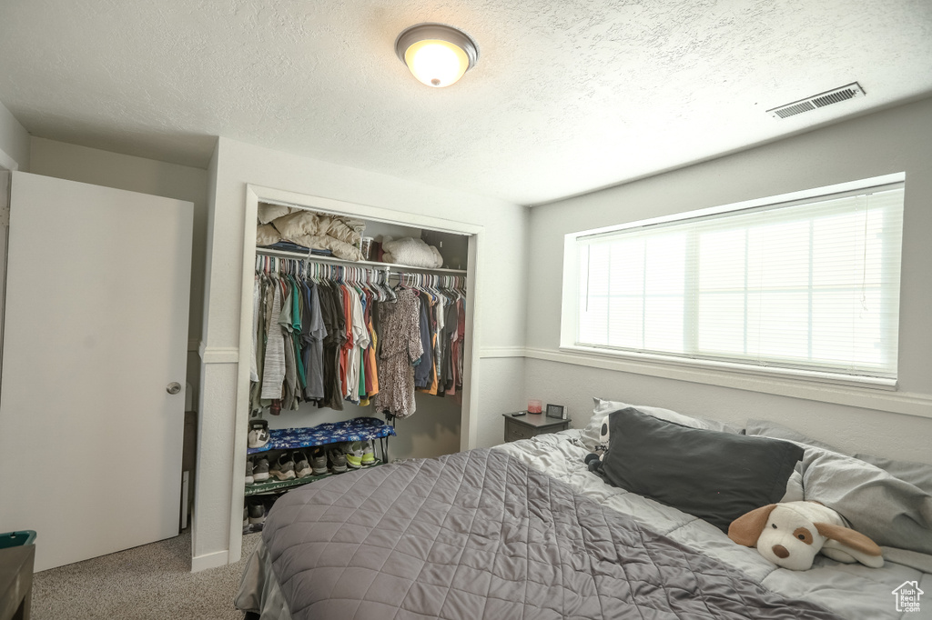 Bedroom featuring a closet, a textured ceiling, and carpet floors