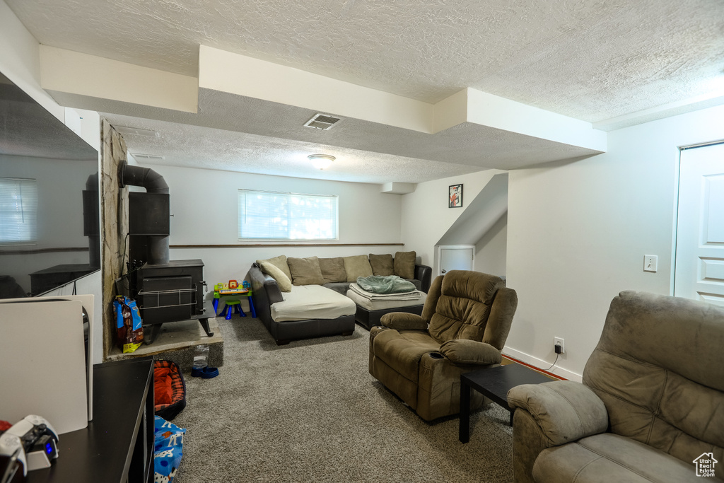Living room featuring a textured ceiling and carpet