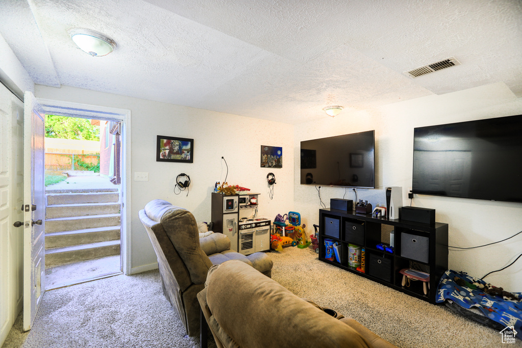 Living area with carpet and a textured ceiling