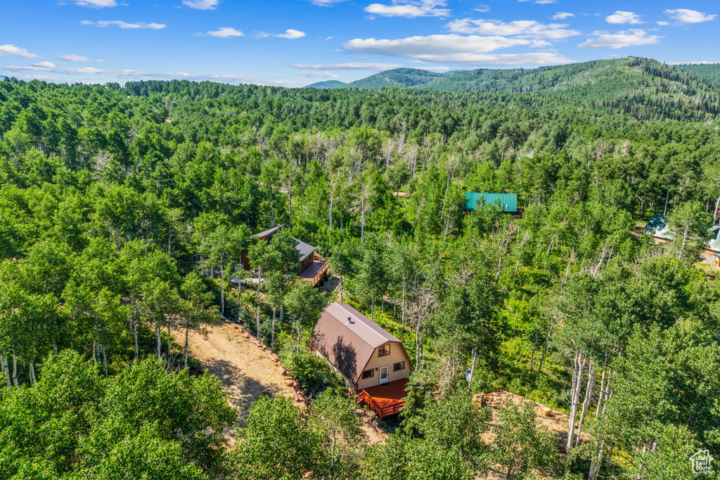 Aerial view of property and surrounding area with a heavily wooded area and a mountain backdrop